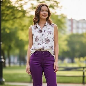 Ann Taylor Purple And Tan Paisley Sleeveless Top With Buttons